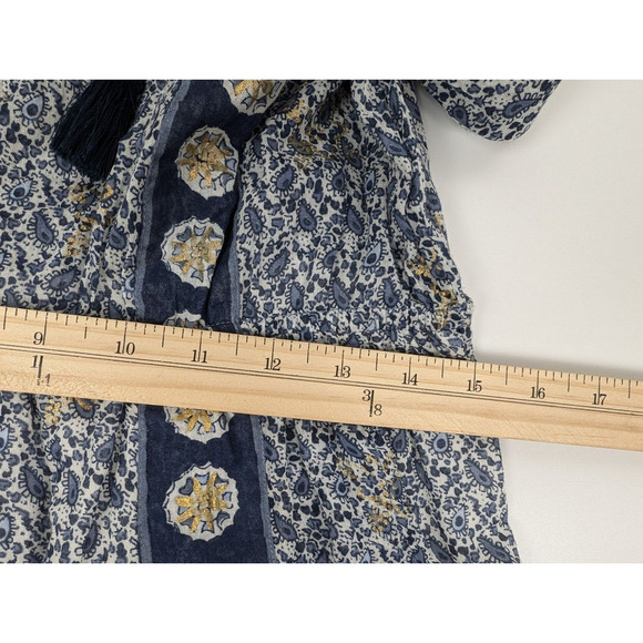 JOIE Almee Blue White Paisley Print Long Sleeve Short Dress Small Tassel Batik - Picture 7 of 8